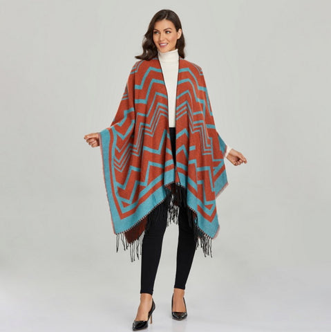 LA FERANI Poncho 150x130 Wool Cape Wrap Cloak Colourful Orange All Saisons P1