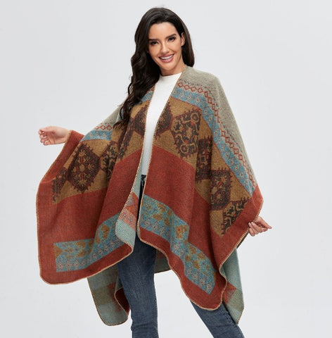 LA FERANI Poncho 150x130 Wool Cape Wrap Cloak Brown All Saisons P13