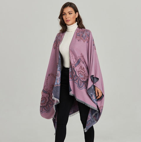 LA FERANI Poncho 150x130 Wool Cape Wrap Cloak Pink Purple both sides All Saisons P14