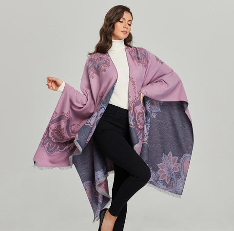 LA FERANI Poncho 150x130 Wool Cape Wrap Cloak Pink Purple both sides All Saisons P14