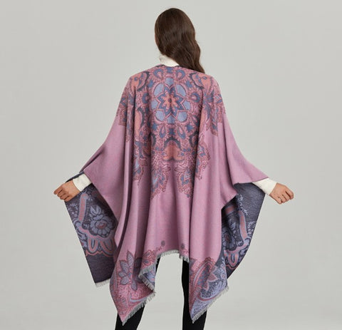 LA FERANI Poncho 150x130 Wool Cape Wrap Cloak Pink Purple both sides All Saisons P14