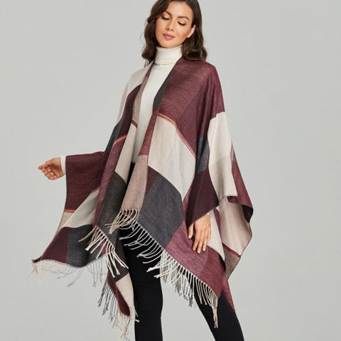 LA FERANI Poncho 150x130 Wool Cape Wrap Cloak purple beige All Saisons P2