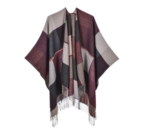 LA FERANI Poncho 150x130 Wool Cape Wrap Cloak purple beige All Saisons P2