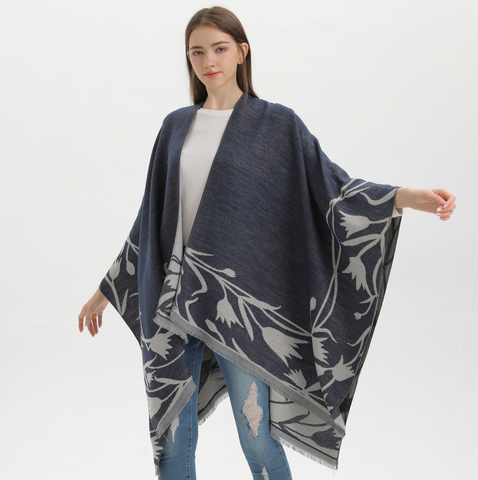 Poncho 150x130 Wool Cape Wrap Cloak Grey Dark Vintage Classic All Saisons P23