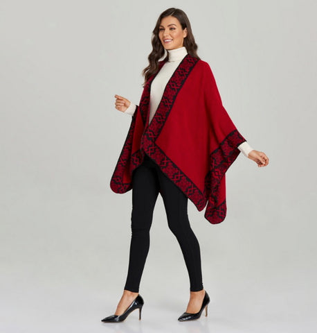 LA FERANI Poncho 150x130 Wool Cape Wrap Cloak red black both sides All Saisons P3