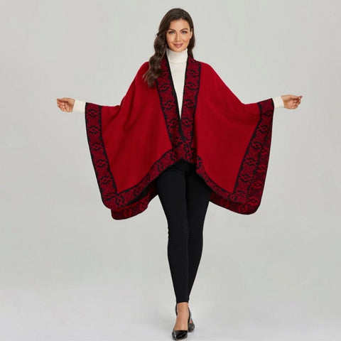 LA FERANI Poncho 150x130 Wool Cape Wrap Cloak red black both sides All Saisons P3