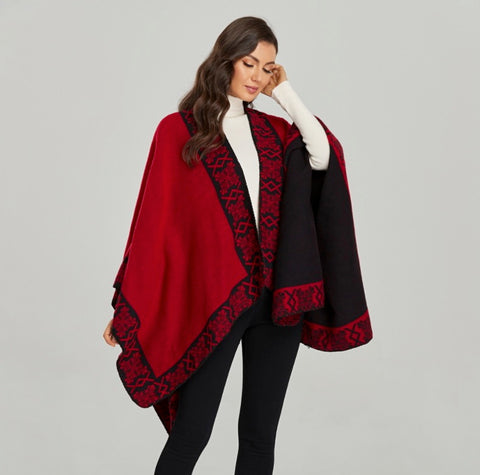 LA FERANI Poncho 150x130 Wool Cape Wrap Cloak red black both sides All Saisons P3