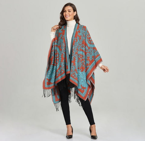 LAFERANI Poncho 150x130 Wool Cape Wrap Cloak orange turquoise All Saisons P4