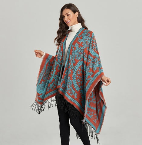 LAFERANI Poncho 150x130 Wool Cape Wrap Cloak orange turquoise All Saisons P4