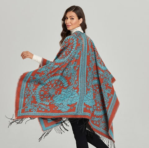 LAFERANI Poncho 150x130 Wool Cape Wrap Cloak orange turquoise All Saisons P4