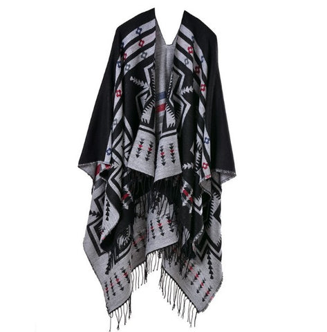 LA FERANI Poncho 150x130 Wool Cape Wrap Cloak grey black All Saisons P5