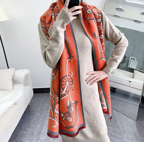 LA FERANI Cashmere Scarf 180x65 Orange Horse Print Wool Shawl Wrap Stole Pashmina S18