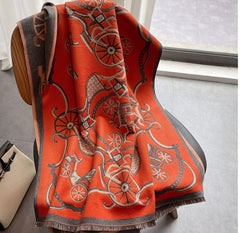 LA FERANI Cashmere Scarf 180x65 Orange Horse Print Wool Shawl Wrap Stole Pashmina S18