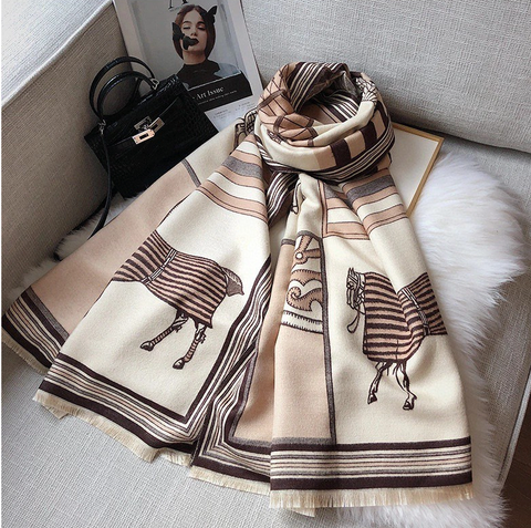 Cashmere Scarf 185x70 Beige Horse Print Wool Winter Spring Shawl Wrap Pashmina S35