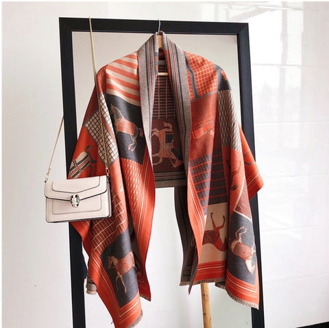 LA FERANI Cashmere Scarf 180x65 Orange Horse Print  Wool Shawl Wrap Stole Pashmina S5