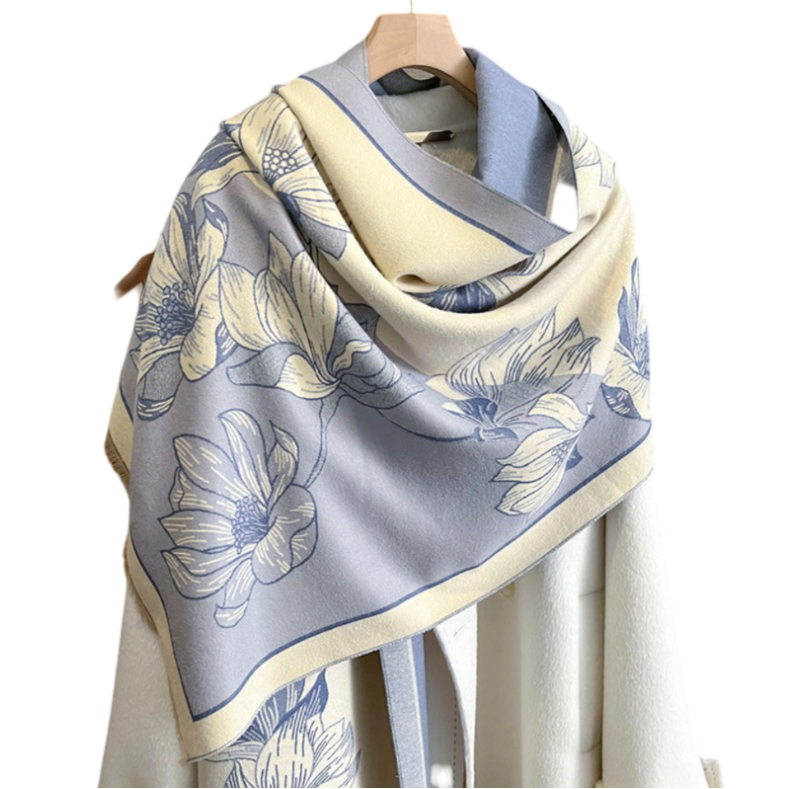 Cashmere Scarf 185x65 Blue Beige Autumn Wool Asian Style Shawl Wrap Pashmina S54