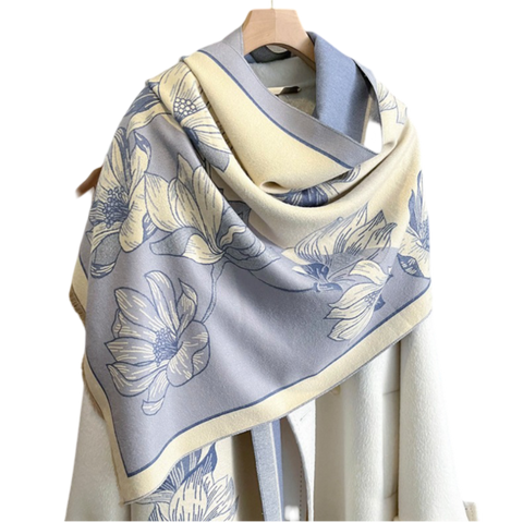 Cashmere Scarf 185x65 Blue Beige Autumn Wool Asian Style Shawl Wrap Pashmina S54