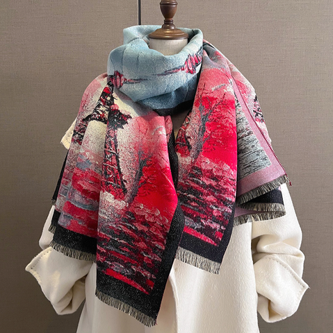 LA FERANI Cashmere Scarf 180x60 Paris Eiffel Tower rose black Wool Business Style Shawl Wrap Pashmina S64