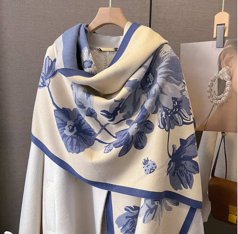 Cashmere Scarf 180x60 flowers beige blue Wool Business Style Shawl Wrap Pashmina S65