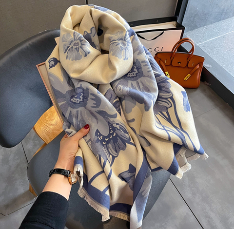 Cashmere Scarf 180x60 flowers beige blue Wool Business Style Shawl Wrap Pashmina S65