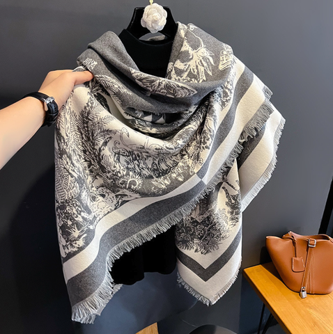 Cashmere Scarf 130x130 Grey White Wool Blanket Shawl Wrap Pashmina S75