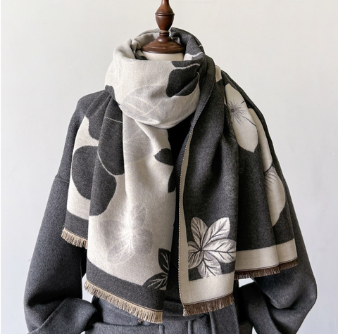 Cashmere Scarf 185x65 black Beige Style Flowers Wool Business Style Shawl Wrap Pashmina S81