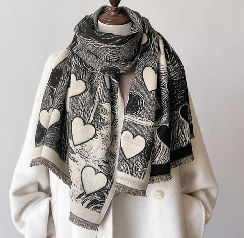 Cashmere Scarf 185x65 black beige heart love Style Wool Business Style Shawl Wrap Pashmina S85