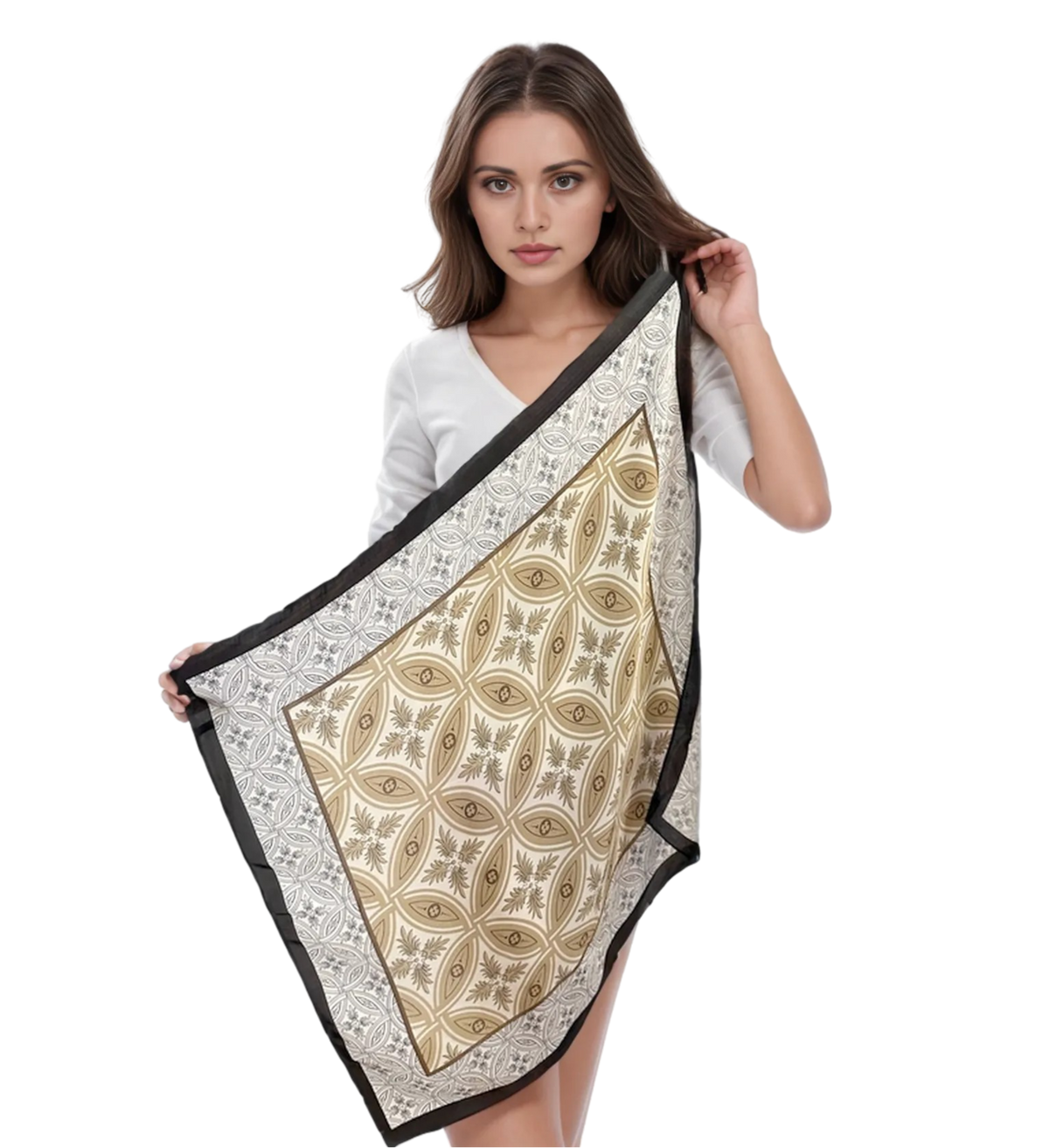 LA FERANI 90x90 Silk Scarf White Silk Stole white beige vintage Style Foulard N304