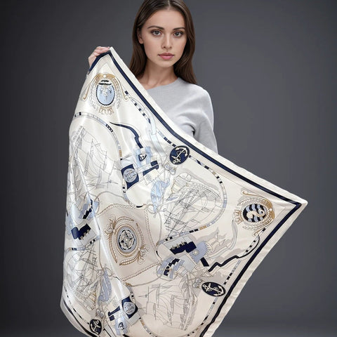 90x90 Silk Scarf White Navy Classic Style Silk Stole Foulard N49