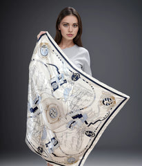 90x90 Silk Scarf White Navy Classic Style Silk Stole Foulard N49