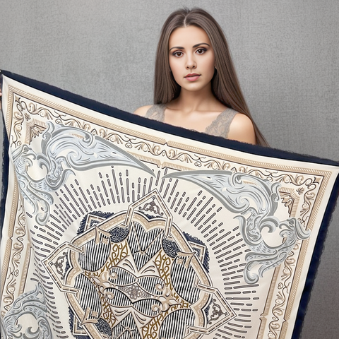 90x90 Silk Scarf beige Blue Business Casual Style Silk Bandana Foulard N314