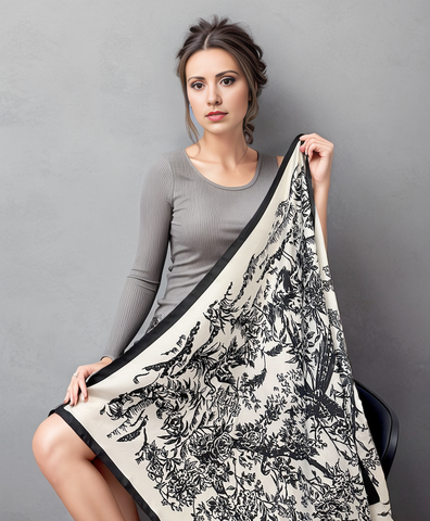 90x90 Silk Scarf black white beige Silk Stole Foulard Shawl N327