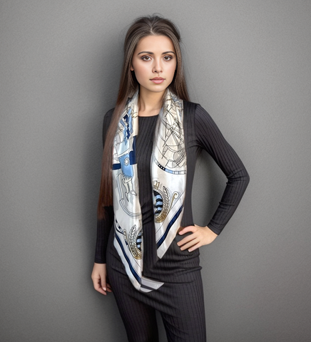 90x90 Silk Scarf White Navy Classic Style Silk Stole Foulard N49