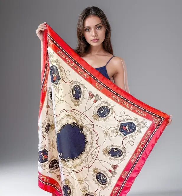 Silk Scarf 90x90 Red white Shawl Classic Bandana Neck Foulard N5