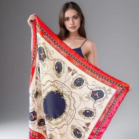 Silk Scarf 90x90 Red white Shawl Classic Bandana Neck Foulard N5