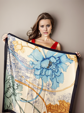 90x90 Silk Scarf beige blue colourful Style Silk Stole Foulard N287