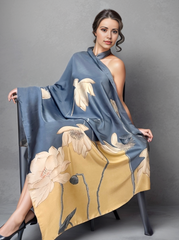 LA FERANI 180x90 Silk Scarf blue yellow Silk Stole Foulard Shawl N323