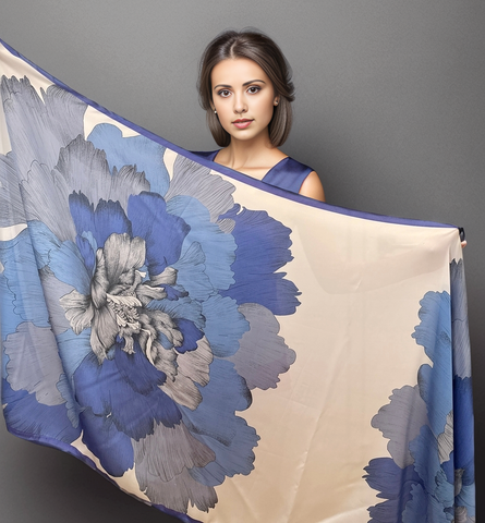 180x90 Silk Scarf Blue Beige Asian Style Silk Stole Foulard Shawl N338