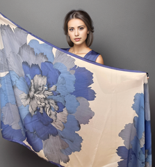 LA FERANI 180x90 Silk Scarf Blue Beige Asian Style Silk Stole Foulard Shawl N338